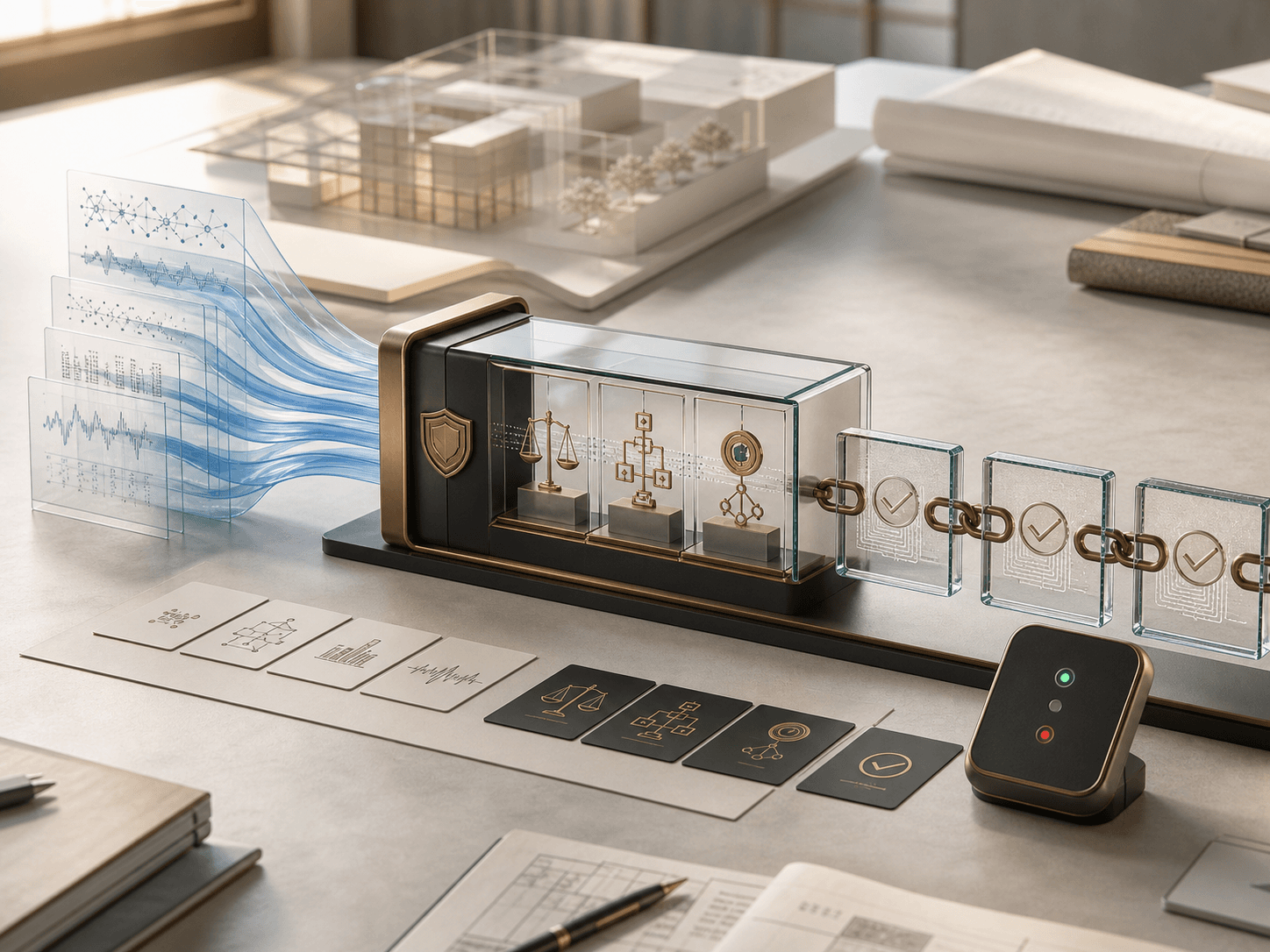 A premium product visual showing neural input streams entering a symbolic policy gate and leaving as signed receipt tiles.