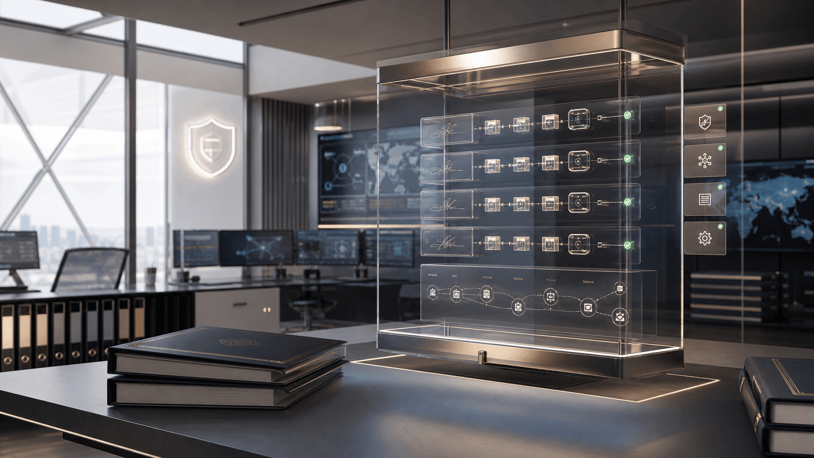 A refined enterprise security operations room with a glass evidence capsule showing signed AI action receipts.